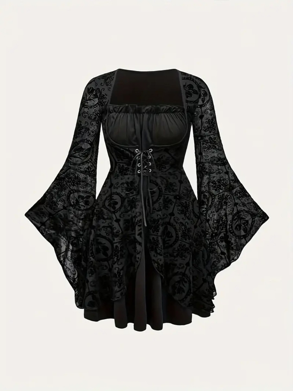 Black Gothic Vintage Lace-Up Waist Bell Sleeve Dress (2XL)